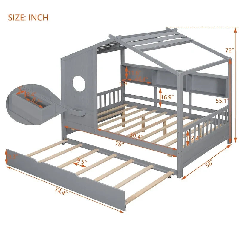 Gray Full Size Queen Upholstered Bed with Wingback Headboard and Four Drawers