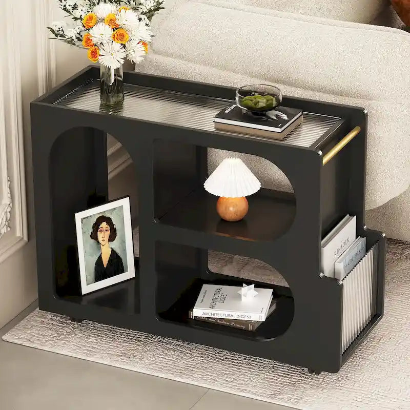 31.5  Modern Mobile End Table with 5mm Thick Fluted Tempered Glass, Lockable Wheels and Golden Round Rod