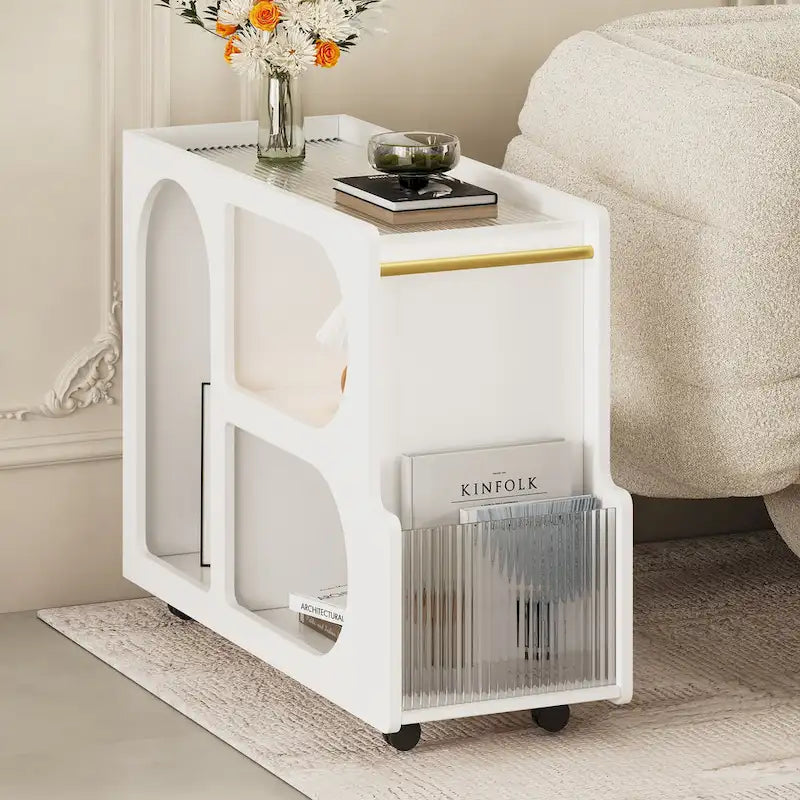31.5  Modern Mobile End Table with 5mm Thick Fluted Tempered Glass, Lockable Wheels and Golden Round Rod