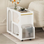 31.5  Modern Mobile End Table with 5mm Thick Fluted Tempered Glass, Lockable Wheels and Golden Round Rod