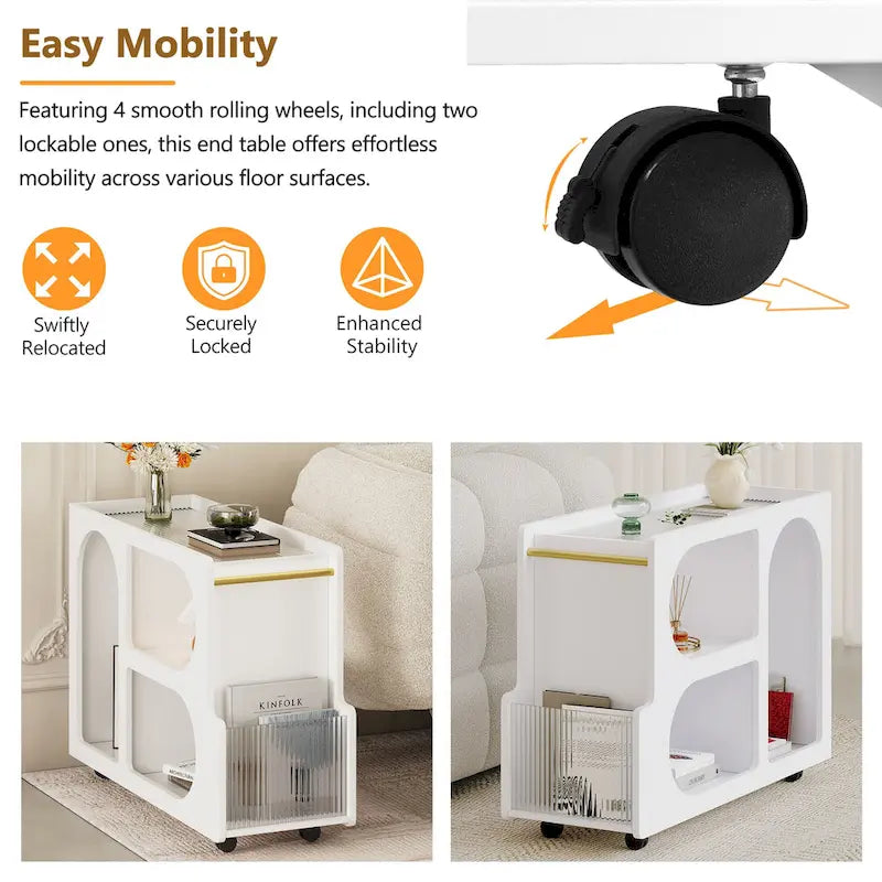 31.5  Modern Mobile End Table with 5mm Thick Fluted Tempered Glass, Lockable Wheels and Golden Round Rod