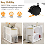 31.5  Modern Mobile End Table with 5mm Thick Fluted Tempered Glass, Lockable Wheels and Golden Round Rod