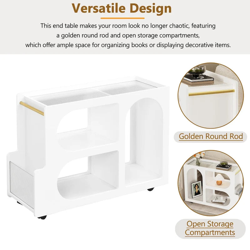 31.5  Modern Mobile End Table with 5mm Thick Fluted Tempered Glass, Lockable Wheels and Golden Round Rod