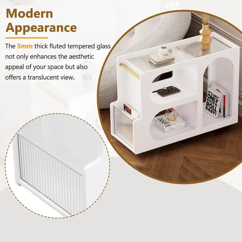 31.5  Modern Mobile End Table with 5mm Thick Fluted Tempered Glass, Lockable Wheels and Golden Round Rod