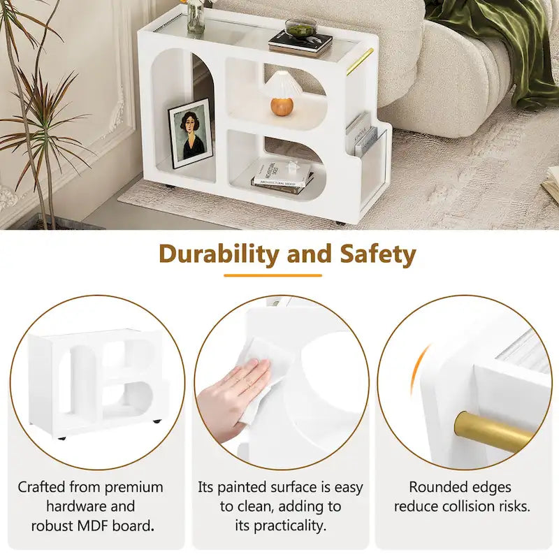 31.5  Modern Mobile End Table with 5mm Thick Fluted Tempered Glass, Lockable Wheels and Golden Round Rod