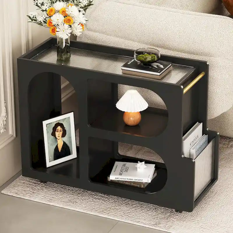 31.5  Modern Mobile End Table with 5mm Thick Fluted Tempered Glass, Lockable Wheels and Golden Round Rod