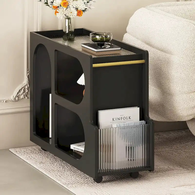 31.5  Modern Mobile End Table with 5mm Thick Fluted Tempered Glass, Lockable Wheels and Golden Round Rod