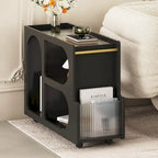 31.5  Modern Mobile End Table with 5mm Thick Fluted Tempered Glass, Lockable Wheels and Golden Round Rod