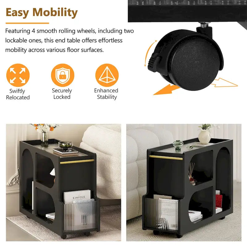 31.5  Modern Mobile End Table with 5mm Thick Fluted Tempered Glass, Lockable Wheels and Golden Round Rod