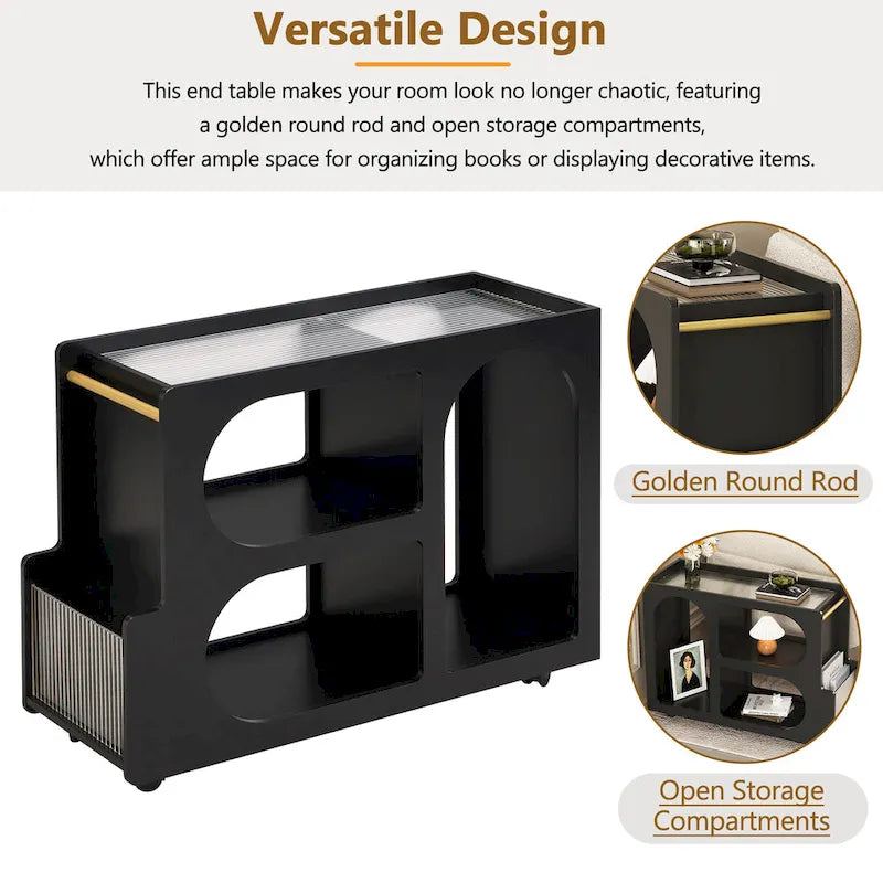 31.5  Modern Mobile End Table with 5mm Thick Fluted Tempered Glass, Lockable Wheels and Golden Round Rod