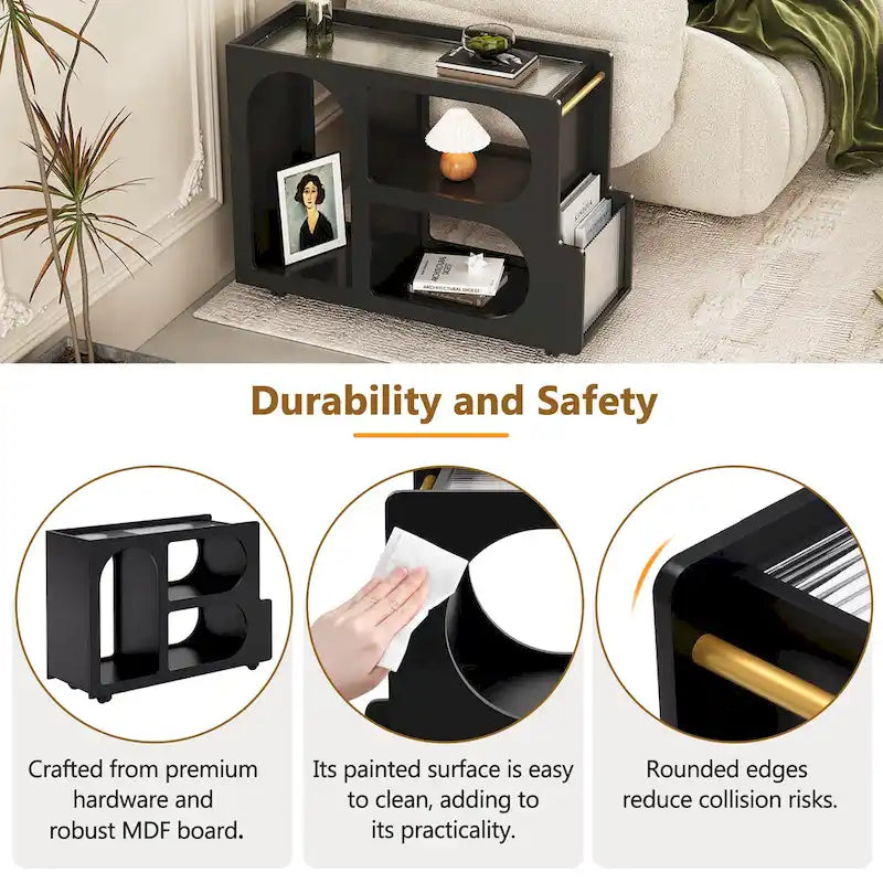 31.5  Modern Mobile End Table with 5mm Thick Fluted Tempered Glass, Lockable Wheels and Golden Round Rod