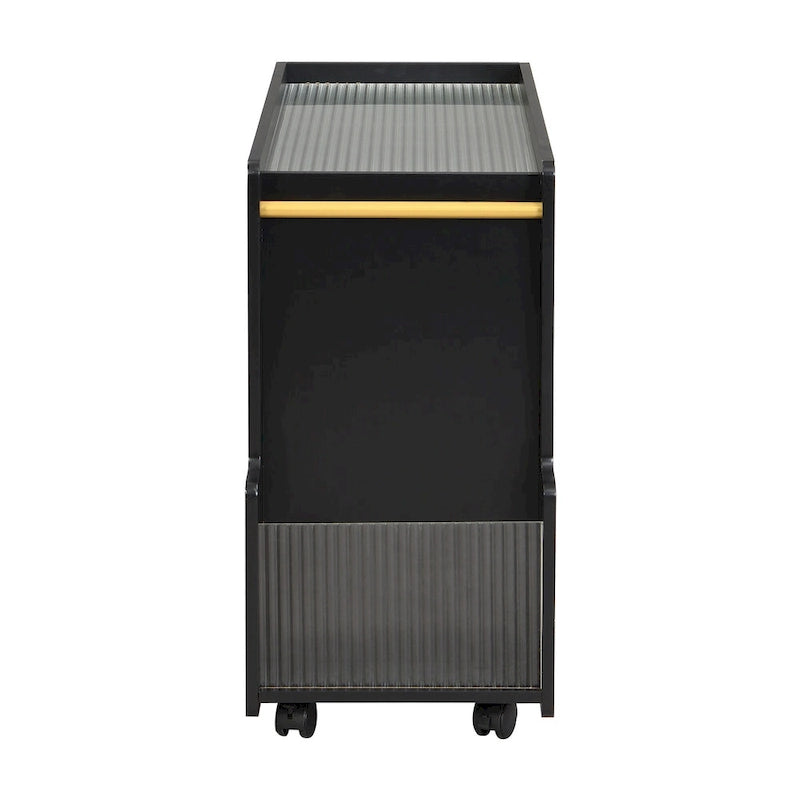 31.5  Modern Mobile End Table with 5mm Thick Fluted Tempered Glass, Lockable Wheels and Golden Round Rod