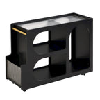31.5  Modern Mobile End Table with 5mm Thick Fluted Tempered Glass, Lockable Wheels and Golden Round Rod