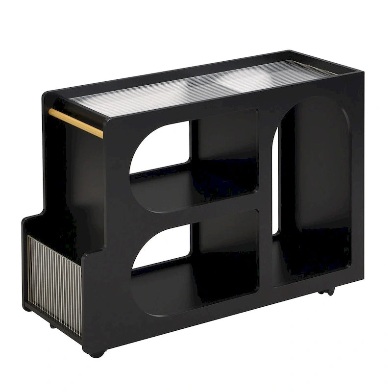 31.5  Modern Mobile End Table with 5mm Thick Fluted Tempered Glass, Lockable Wheels and Golden Round Rod