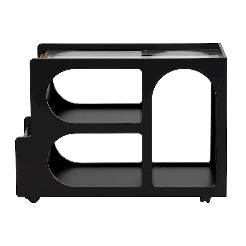 31.5  Modern Mobile End Table with 5mm Thick Fluted Tempered Glass, Lockable Wheels and Golden Round Rod