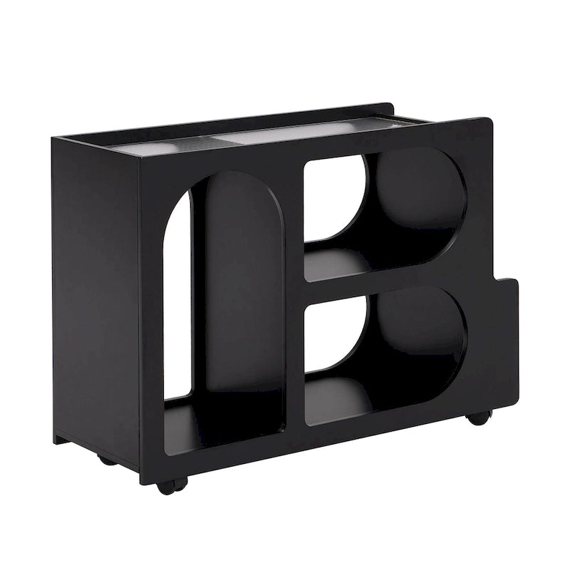 31.5  Modern Mobile End Table with 5mm Thick Fluted Tempered Glass, Lockable Wheels and Golden Round Rod