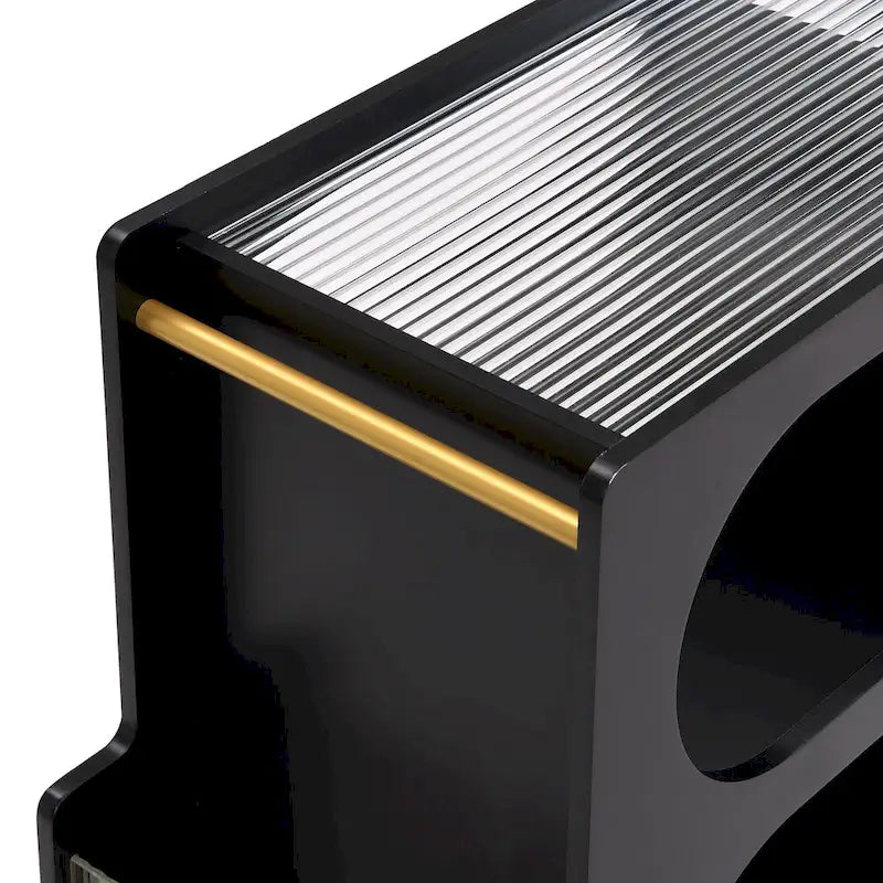31.5  Modern Mobile End Table with 5mm Thick Fluted Tempered Glass, Lockable Wheels and Golden Round Rod