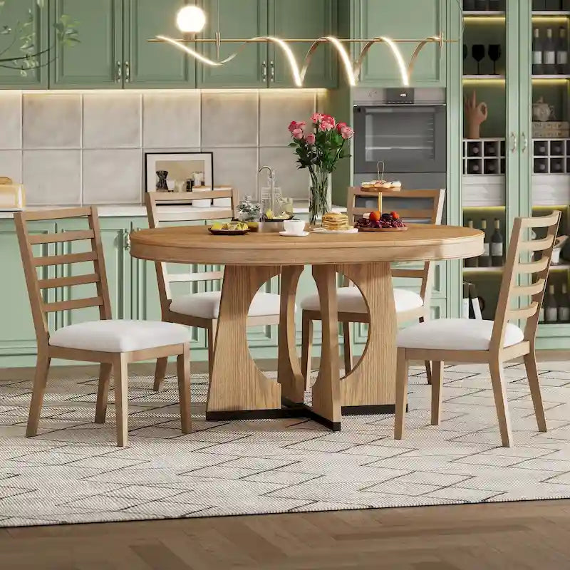 Vintage Style 5-piece Dining Set with Extendable Table and 4 Upholstered Chairs