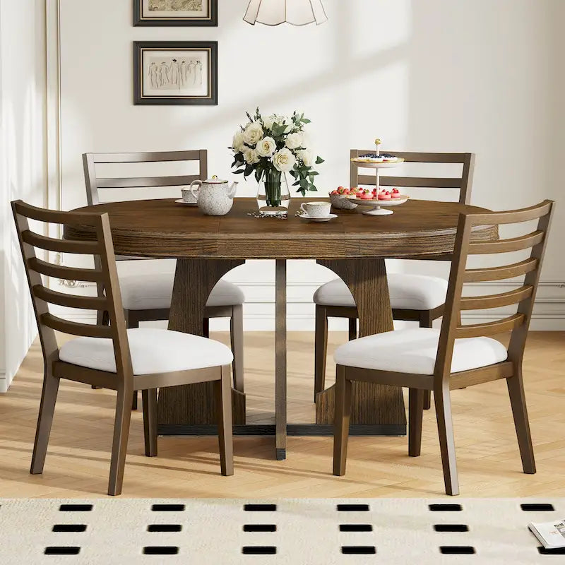 Vintage Style 5-piece Dining Set with Extendable Table and 4 Upholstered Chairs