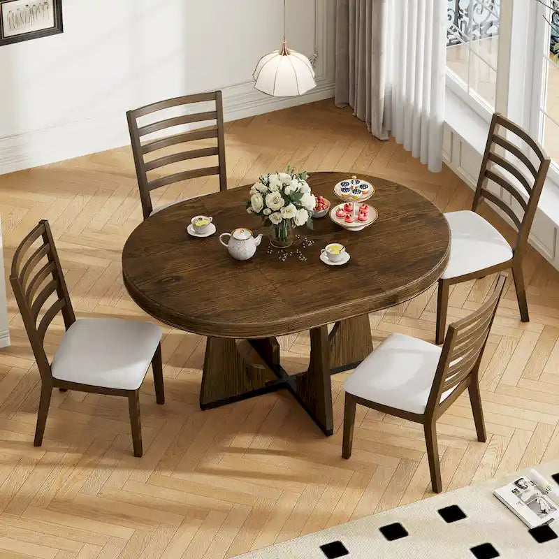 Vintage Style 5-piece Dining Set with Extendable Table and 4 Upholstered Chairs