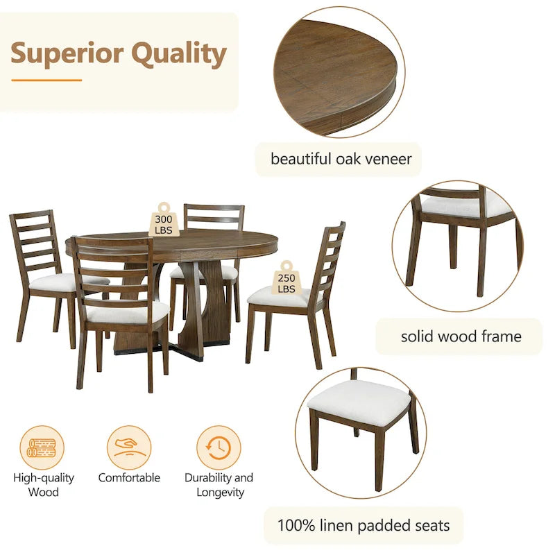 Vintage Style 5-piece Dining Set with Extendable Table and 4 Upholstered Chairs