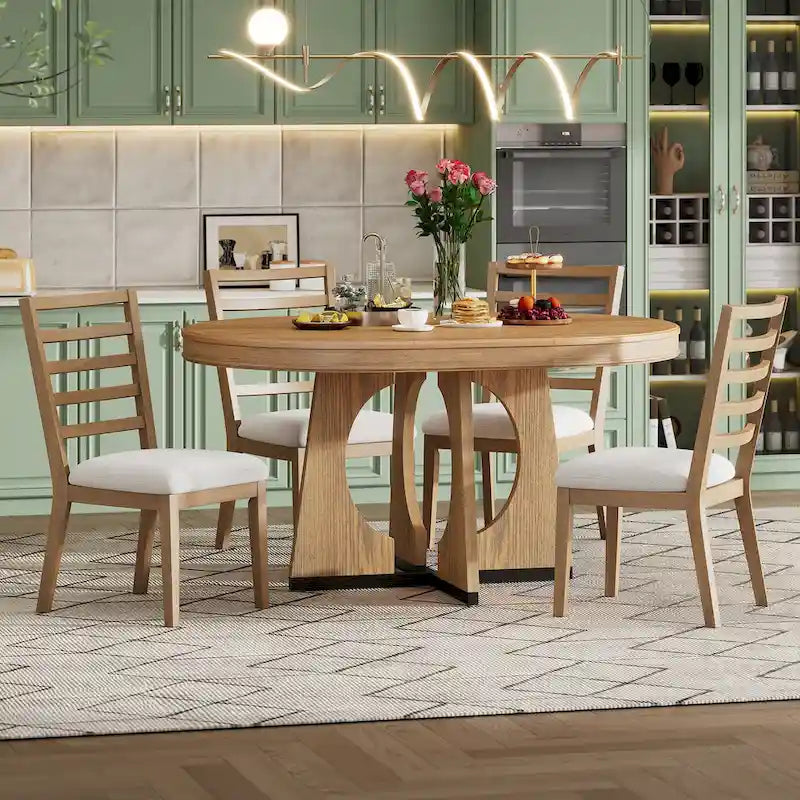 Vintage Style 5-piece Dining Set with Extendable Table and 4 Upholstered Chairs