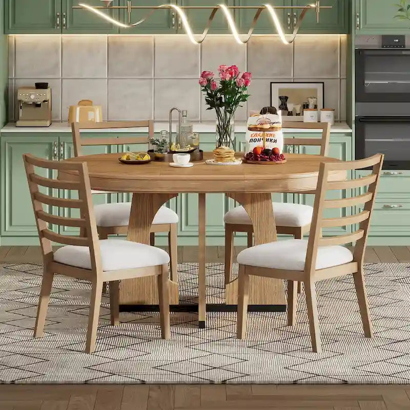 Vintage Style 5-piece Dining Set with Extendable Table and 4 Upholstered Chairs