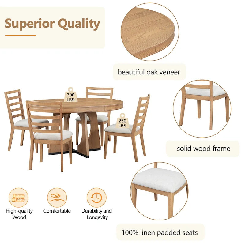 Vintage Style 5-piece Dining Set with Extendable Table and 4 Upholstered Chairs