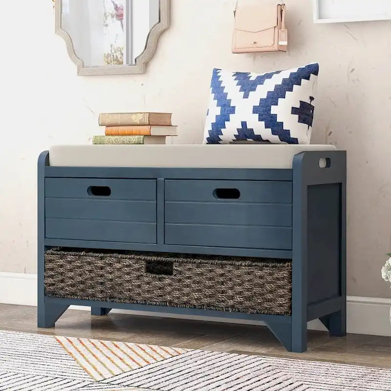 Storage Bench Entryway Bench with Removable Basket and 2 Drawers, with Removable Cushion for Living Room