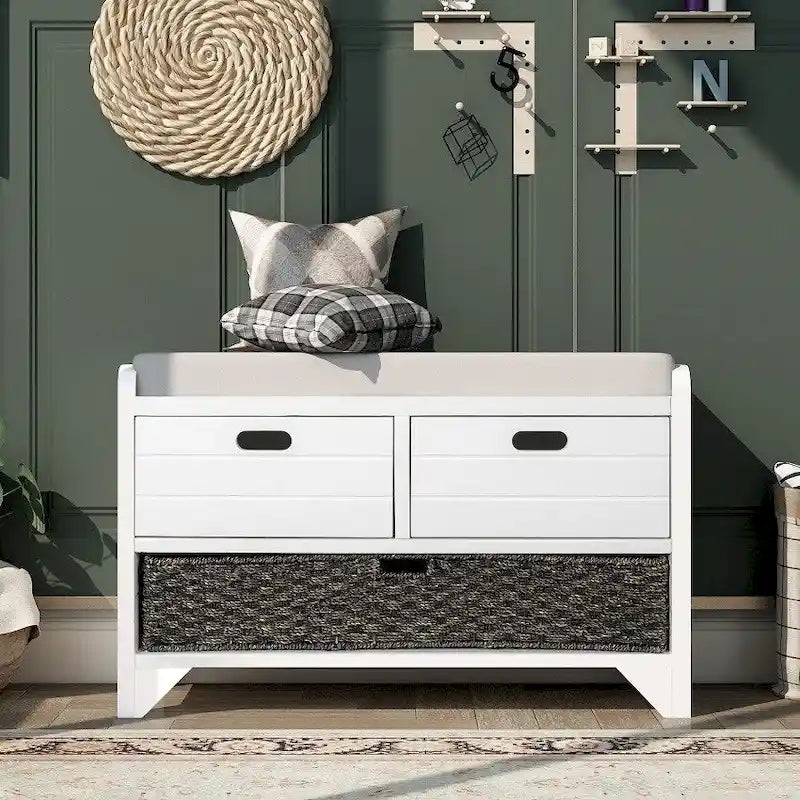 Storage Bench Entryway Bench with Removable Basket and 2 Drawers, with Removable Cushion for Living Room