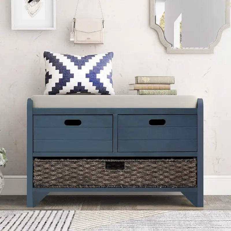 Storage Bench Entryway Bench with Removable Basket and 2 Drawers, with Removable Cushion for Living Room
