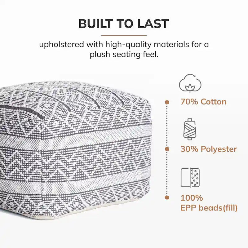 22-inch Square Pouf Ottoman - Handmade Footrest for Living Room, Bedroom, Nursery