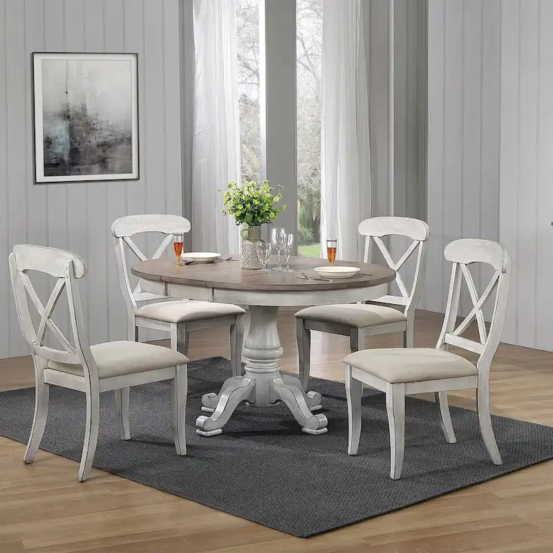 Antique White Weathered Pine 5 Piece Pedestal Table Set