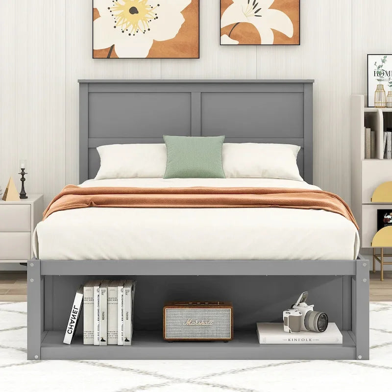 Full Size Platform Bed with Drawer on the Each Side and Shelf on the End of the Bed,