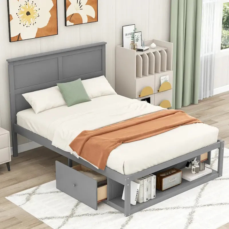 Full Size Platform Bed with Drawer on the Each Side and Shelf on the End of the Bed,