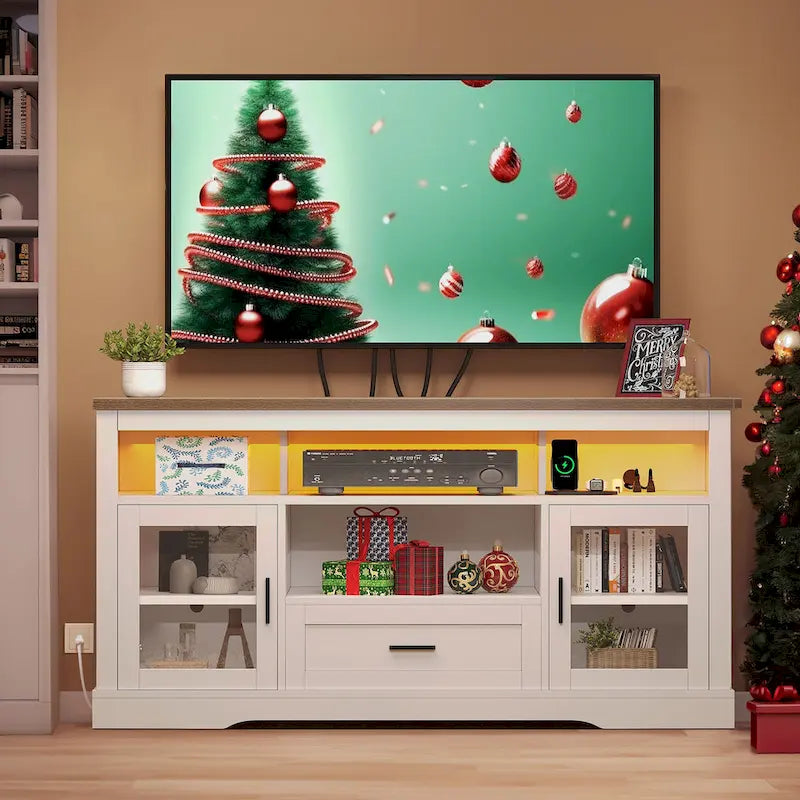 LED Farmhouse TV Stand for TV up to 65  Highboy Entertainment Center with Acrylic Doors