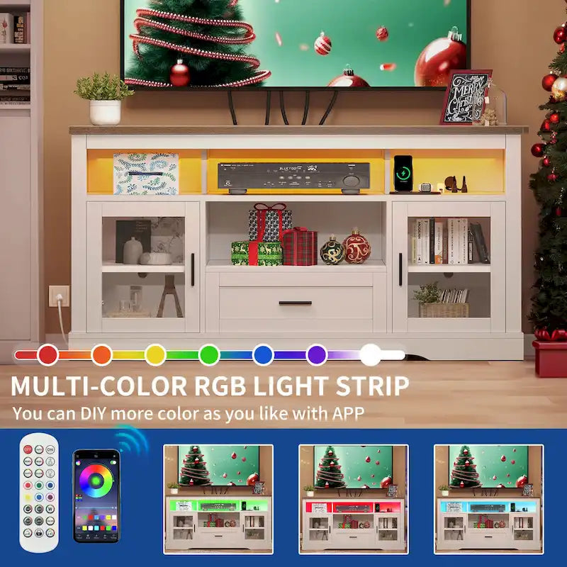 LED Farmhouse TV Stand for TV up to 65  Highboy Entertainment Center with Acrylic Doors