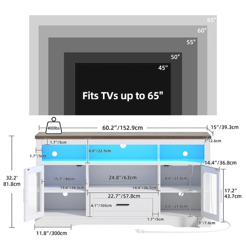 LED Farmhouse TV Stand for TV up to 65  Highboy Entertainment Center with Acrylic Doors