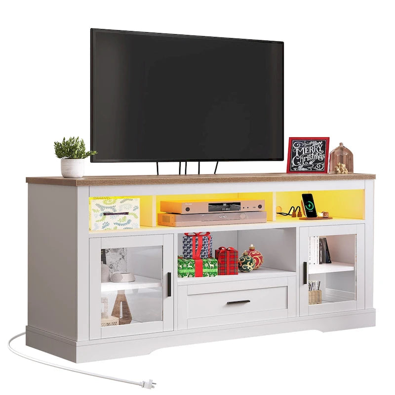 LED Farmhouse TV Stand for TV up to 65  Highboy Entertainment Center with Acrylic Doors