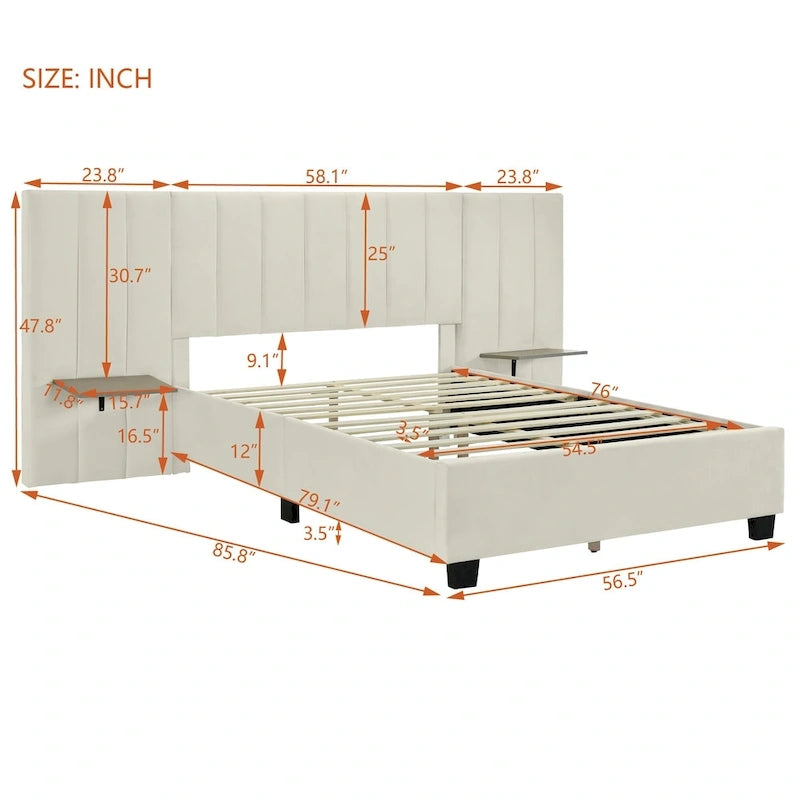 Full Size Upholstered Platform Bed with Big Headboard
