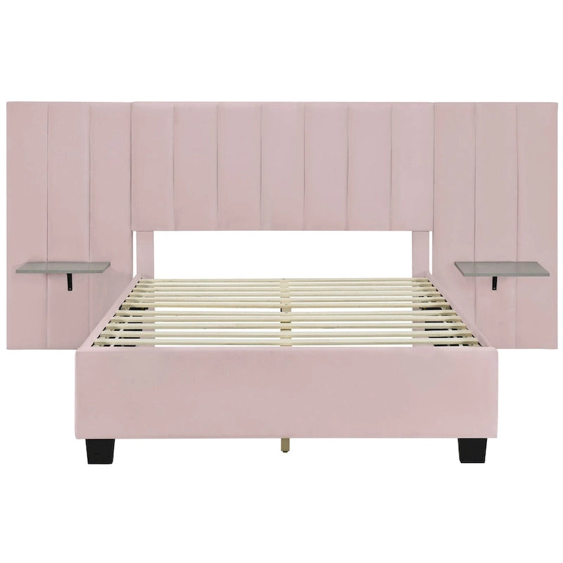 Full Size Upholstered Platform Bed with Big Headboard
