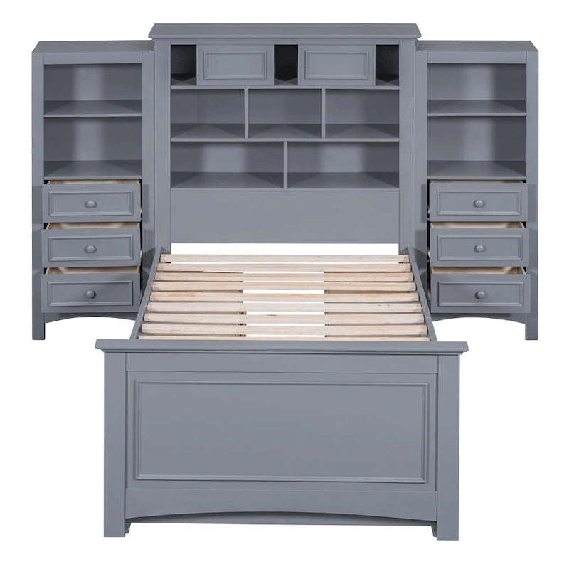 Twin Size Wood Platform Bed Frame with Vertical All-in-One Cabinet and 4 Drawers on each side