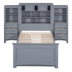 Twin Size Wood Platform Bed Frame with Vertical All-in-One Cabinet and 4 Drawers on each side
