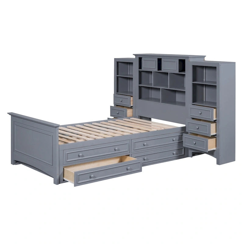 Twin Size Wood Platform Bed Frame with Vertical All-in-One Cabinet and 4 Drawers on each side