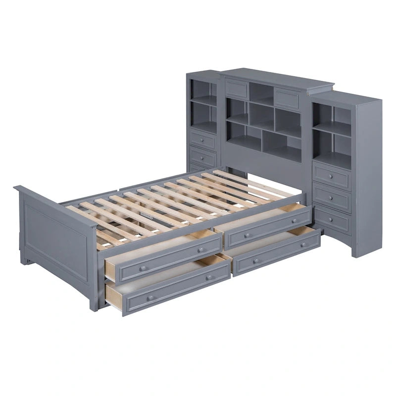 Twin Size Wood Platform Bed Frame with Vertical All-in-One Cabinet and 4 Drawers on each side