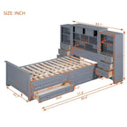 Twin Size Wood Platform Bed Frame with Vertical All-in-One Cabinet and 4 Drawers on each side