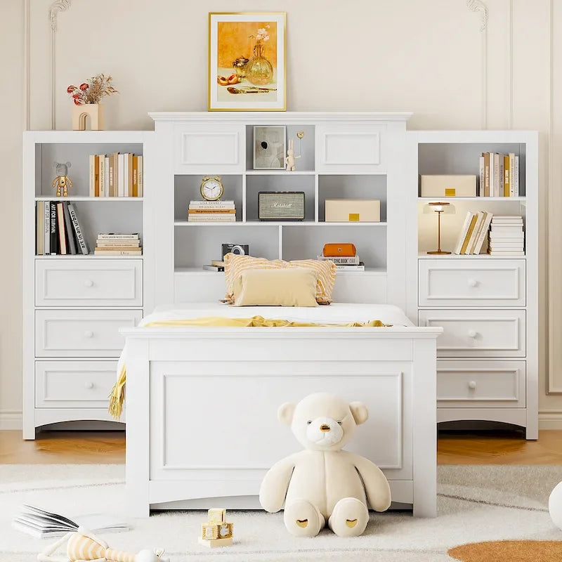 Twin Size Wood Platform Bed Frame with Vertical All-in-One Cabinet and 4 Drawers on each side