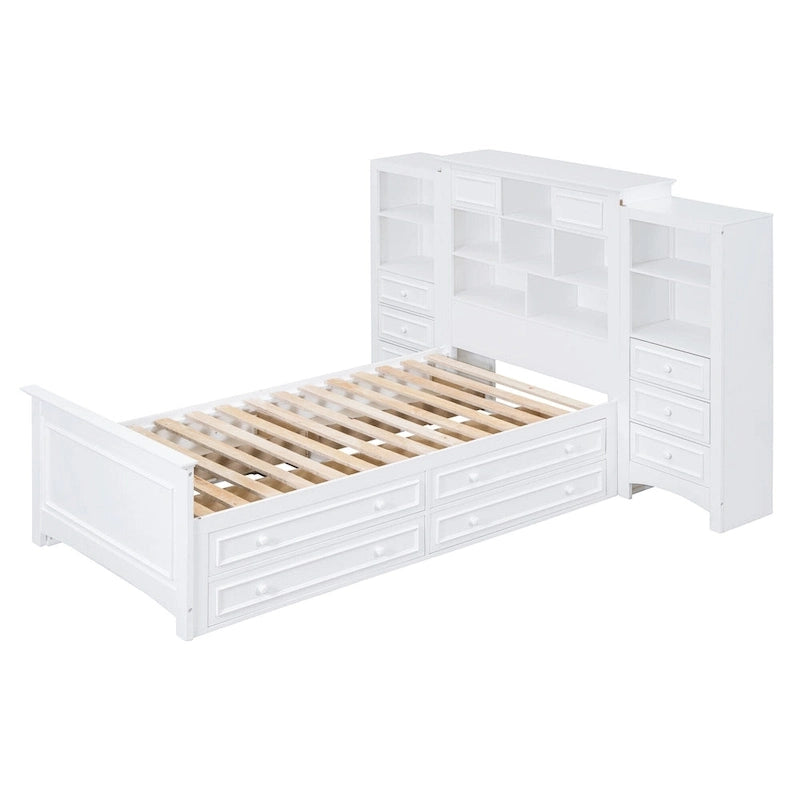Twin Size Wood Platform Bed Frame with Vertical All-in-One Cabinet and 4 Drawers on each side