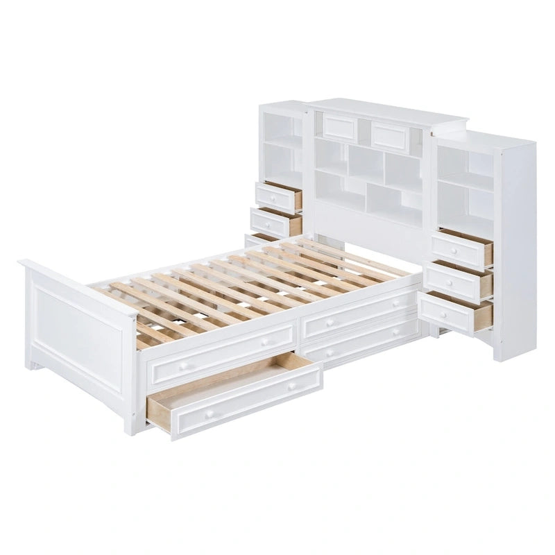 Twin Size Wood Platform Bed Frame with Vertical All-in-One Cabinet and 4 Drawers on each side