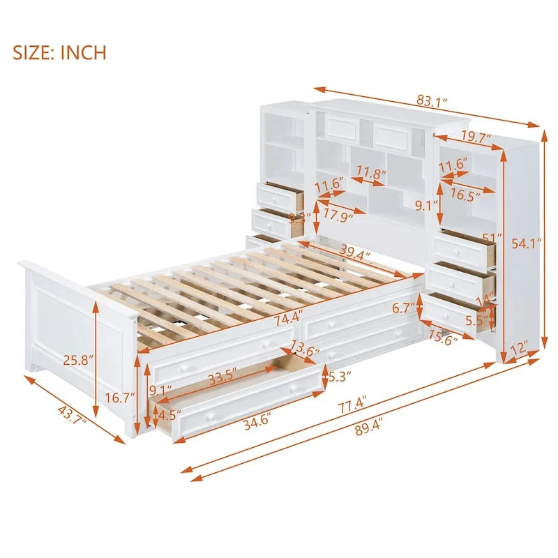 Twin Size Wood Platform Bed Frame with Vertical All-in-One Cabinet and 4 Drawers on each side